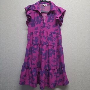 Umgee Tiered Fuchsia and Purple Floral Dress Size Small